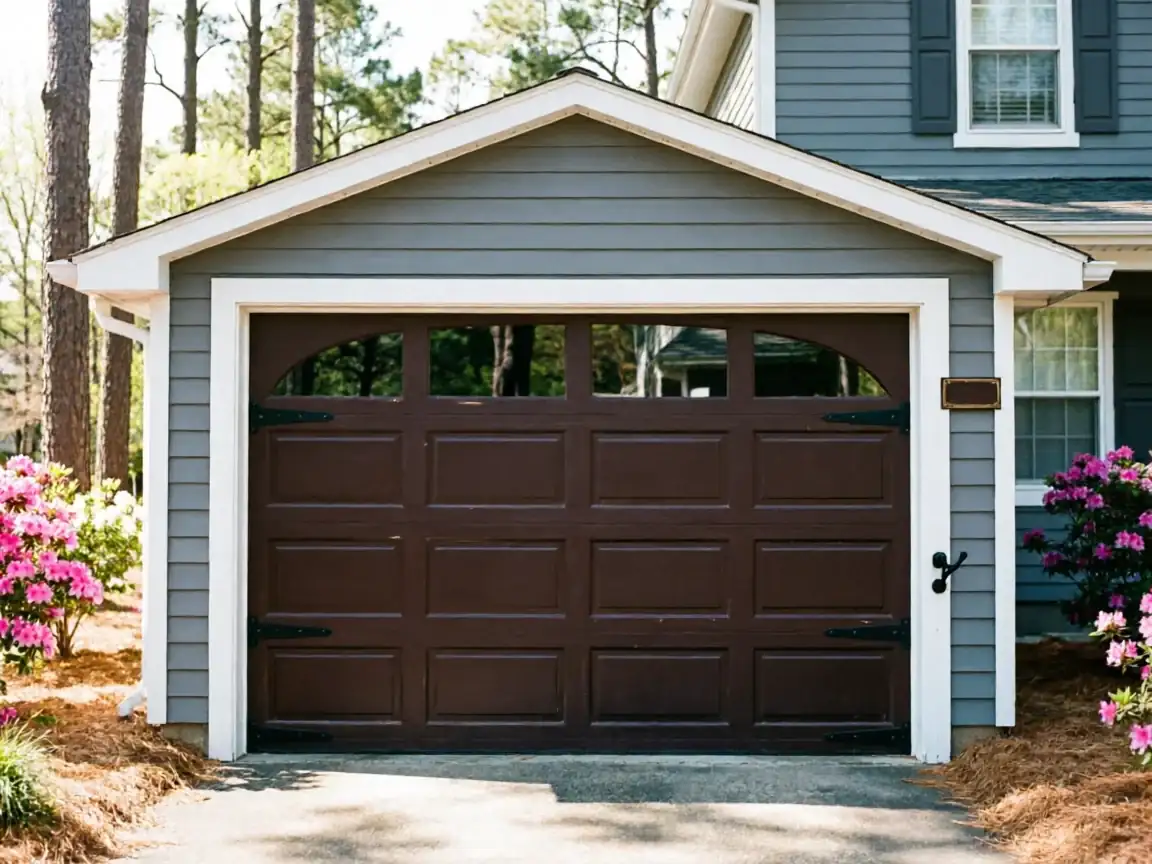 A brown garage door with windows is on a gray house with white trim.
