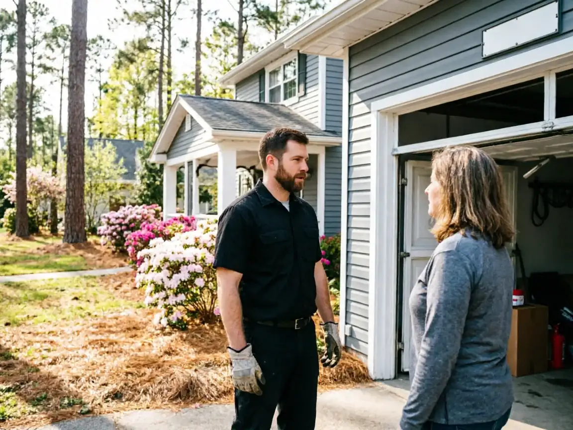 A technician in a black shirt talks to a woman in front of a garage.