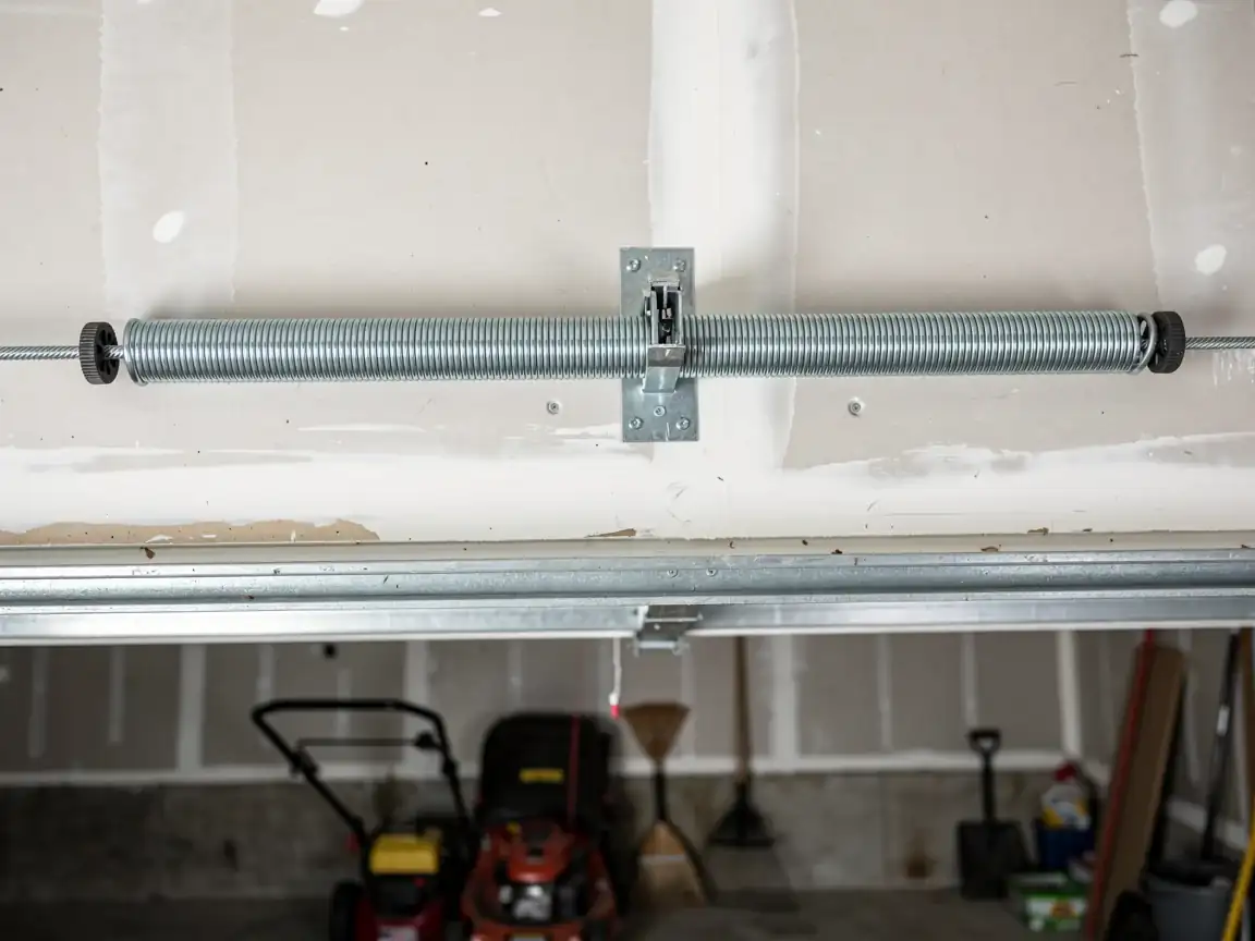 A garage door extension spring is mounted above the open garage door.