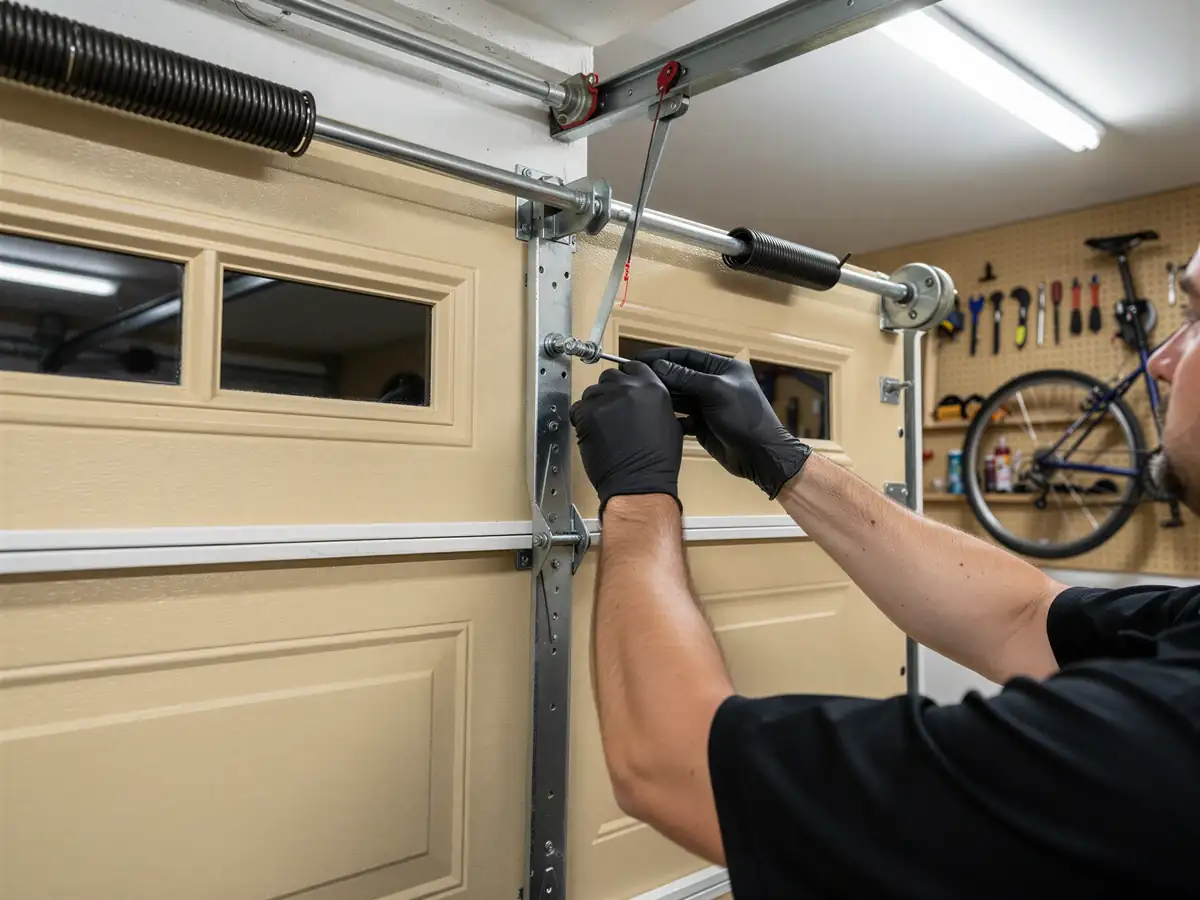 A technician wearing black gloves is adjusting a garage door spring.