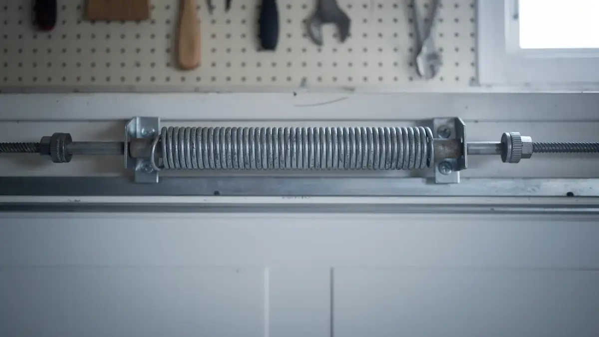 A garage door extension spring is mounted above a white garage door.